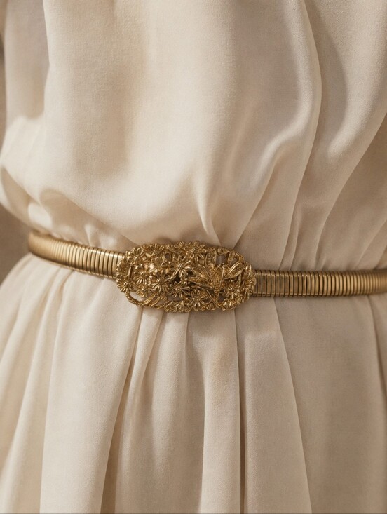 Vintage Accessories - Vintage Gold Tone Stretch Snake Chain Belt Floral Filigree Buckle Boho Glam
